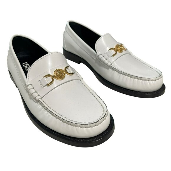 Versace $775 White Leather Loafers Gold Medusa Hardware Size 37.5 7.5 - Picture 1 of 9
